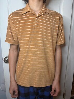 Vintage 70's Chung Shing Mens Terry Short-Sleeve Stripe Polo in Camel